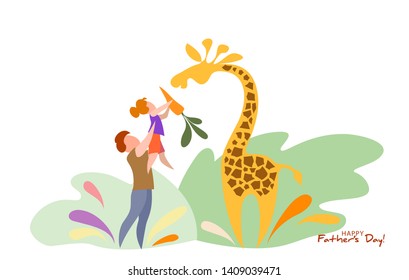 Father lifting up his daughter to feed giraffe. Happy fathers day card. Flat style. Vector illustration