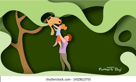 Father lifting up his daughter to save cat from tree. Happy fathers day card. Flat style. Vector illustration