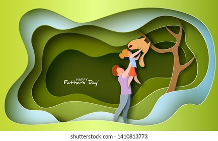 Father lifting up his daughter to save cat from tree. Happy fathers day card. Flat style. Vector illustration