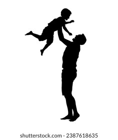Father lifting his little son flat vector silhouette.	