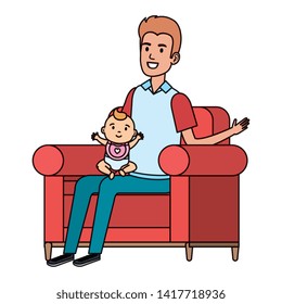 father lifting little baby in the sofa characters