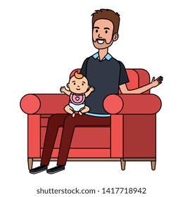 father lifting little baby in the sofa characters