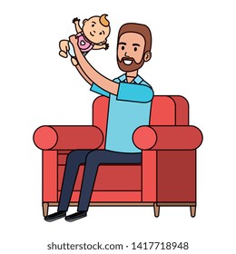 father lifting little baby in the sofa characters