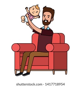 father lifting little baby in the sofa characters