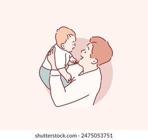 father lifting and playing with newborn baby. Hand drawn style vector design illustrations.