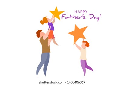 Father lifting up to the sky his daughter to put stars. Happy father's day card. Flat style. Vector illustration