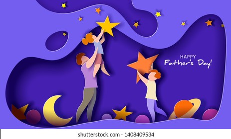 Father lifting up to the sky his daughter to put stars. Happy father's day card. Paper cut style. Vector illustration