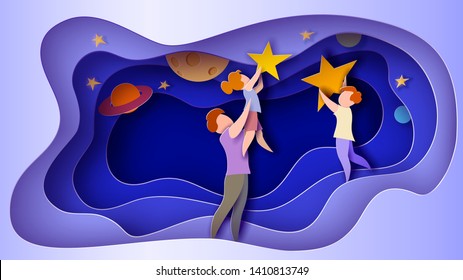 Father lifting up to the sky his daughter to put stars. Happy fathers day card. Paper cut style. Vector illustration