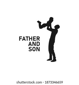 Father Lifting Son Black Silhouette. Dad And Son Icon Sign Or Symbol. Fatherhood Logo. Parenthood Life. Happiness And Joy. Happy Family. Childhood Moment. Man Holding Toddler Vector Illustration.