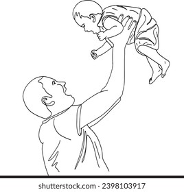 Father lifting son one continuous line drawing, One line sketch of dad lifting his son, Young mom enjoying bond with son clip art