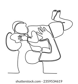 Father lifts child. Father's Day concept. One continuous line drawing.