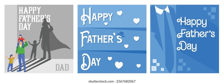 A father is like a superhero. Heart symbol for Father's Day. Shirts, jackets and ties are symbols of a father. Father's Day concept. Set flat vector illustration.