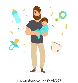 Father with Little Baby. Dad Carrying His Boy. Flat Design Style. Vector illustration of  Young Hipster Cartoon Father Holding His Newborn Baby. Happiness Cute Baby in  Fathers Hands