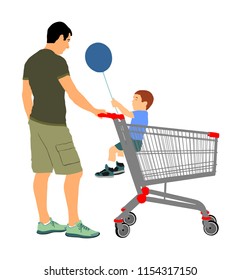 Father and little boy with balloon in shopping cart. Man doing grocery buying at supermarket after work, vector isolated.  Fathers day, family buy food and another goods. Metal market trolley.  