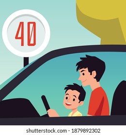 Father And Little Boy Driving A Car. Cartoon Man Teaching Son How To Drive Sitting At Steering Wheel And Learning Road Signs, Vector Illustration Of Family Time.