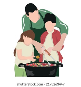 Father with little children cooking food on barbecue grill