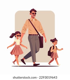 father and little children walking together young dad taking daughters to school or kindergarten fatherhood happy family