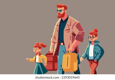 father and little children walking together young dad taking daughters to school or kindergarten fatherhood happy family