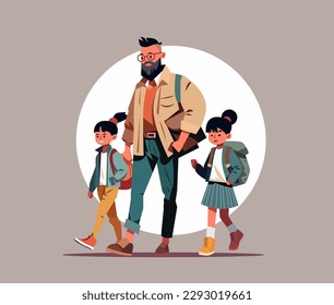 father and little children walking together young dad taking daughters to school or kindergarten fatherhood happy family