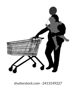 Father with little daughter and shopping cart silhouette. Man doing grocery buying at supermarket after work, vector isolated.  Fathers day, family buy food and goods. Metal market trolley shape.  