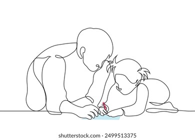 Padre con una hijita que está dibujando, ambos en el suelo - una línea de arte Vector. concepto de padre amoroso con la hija, niñera masculina, niñera, hermano mayor. Vector hecho a mano no AI