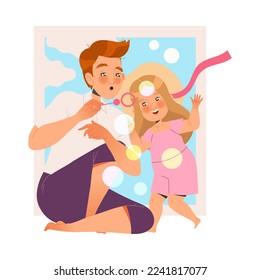 Father and Little Girl Blowing Soap Bubbles Playing and Having Fun Together Enjoying Recreation Activity Vector Illustration