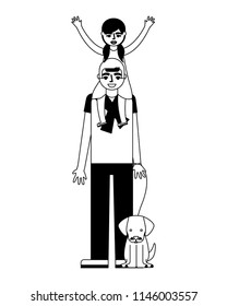 father with little girl and dog mascot
