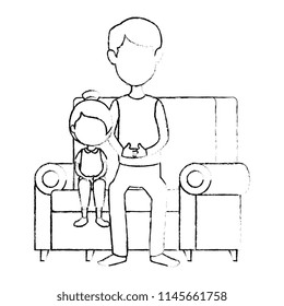 father with little girl in the sofa characters