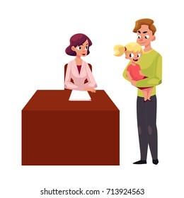 Father with little girl visit woman doctor pediatrician who sits at desk, cartoon vector illustration isolated on white background. Woman doctor, pediatrician seeing little girl patient held by father
