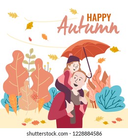 The father and little girl walking on autumn background, background concept with flat vector design illustrations.