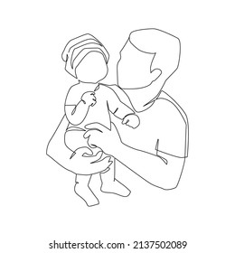 Father little kid line drawing. Abstract family continuous line art. Young dad hugging son. Dad and son bonding. Hand drawn illustration for Father's Day, loving family, parenthood childhood concept