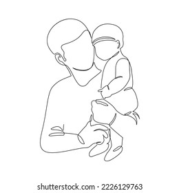 Father little kid line drawing. Abstract family continuous line art. Young dad hugging son. Dad and son bonding. Hand drawn illustration for Father's Day, loving family, parenthood childhood concept