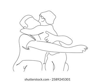 Father little kid line drawing. Young dad hugging son. Dad and son bonding. Hand drawn illustration for Father's Day, loving family, parenthood childhood concept. Hand made vector not Al