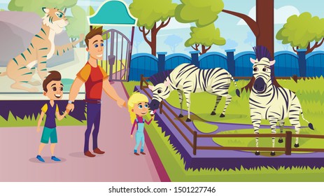 Father with Little Kids Visiting Animal Park, Children Feeding Zebra with Ice Cream in Zoo, Happy Family Excursion, Summer Time Vacation Activity, Leisure, Outdoors. Cartoon Flat Vector Illustration