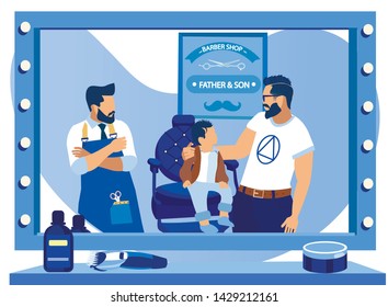 Father and Little Son in Barbershop. Boy with Stylish Haircut Sit on Chair in front of Big Mirror, Fashioned Young Dad with Beard and Hairdo Hugging and Admire of him, Cartoon Flat Vector Illustration