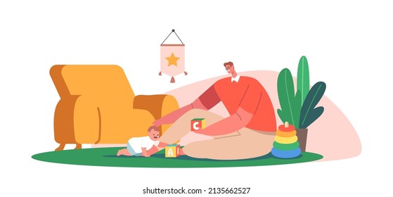 Father and Little Son Playing Toys Sitting on Floor. Happy Family Loving Relations. Man and Small Boy Gaming Fun, Dad and Kid Having Evening or Weekend Leisure Time. Cartoon Vector Illustration