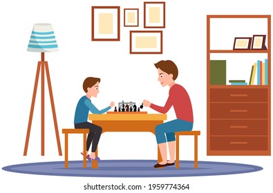 Father and little son sitting at table and playing chess in living room. Person holding in hand chess figure. Dad and boy spend time together and have fun. Family playing strategy logic game at home