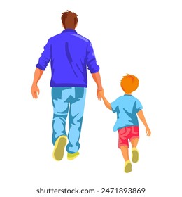 Father and little son walking together holding hand back view.Vector isolated illustration.Fatherhood 