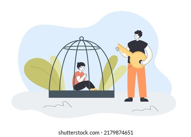 Father Locking Teenage Son In Cage. Authoritarian Man Punishing Child With Home Detention Flat Vector Illustration. Domestic Violence, Family Problems Concept For Banner, Website Design 