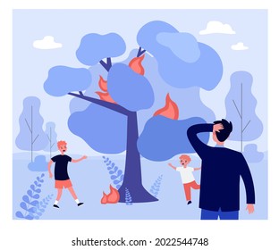 Father looking at scared children under burning tree. Kids running away from tree on fire, man scratching head flat vector illustration. Forest fire, ecology concept for banner or website design