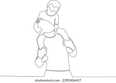 A father looks at his son on his shoulder. Father's Day one-line drawing