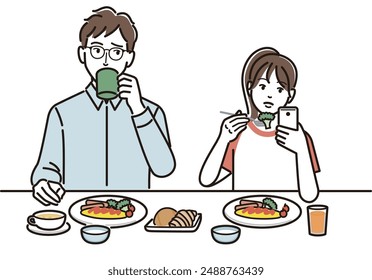 A father looks suspiciously at his daughter who is using her smartphone during a meal