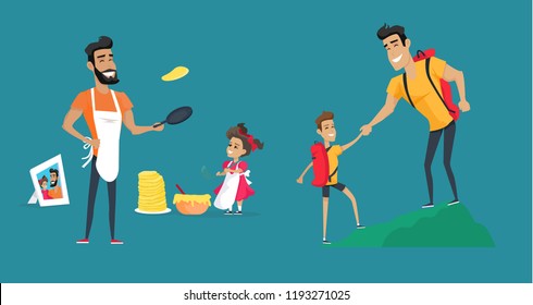 Father loving dad with kids having fun isolated vector. Daddy with daughter cooking pancakes, son and parent helping to move up. Schoolboy and child