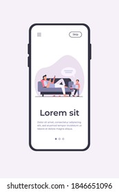 Father lying on sofa and listening son with toy. Child, truck, speech bubble flat vector illustration. Communication and parenthood concept for banner, website design or landing web page