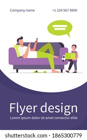 Father lying on sofa and listening son with toy. Child, truck, speech bubble flat vector illustration. Communication and parenthood concept for banner, website design or landing web page