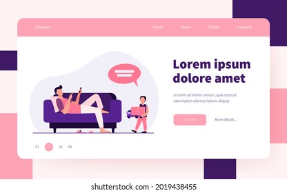 Father lying on sofa and listening son with toy. Child, truck, speech bubble flat vector illustration. Communication and parenthood concept for banner, website design or landing web page