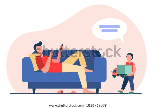 Father lying on sofa and listening son with toy.\
Child, truck, speech bubble flat vector illustration. Communication\
and parenthood concept for banner, website design or landing web\
page