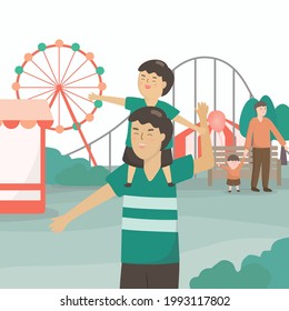 The father made his son ride his neck and took him to an amusement park. The son is happy with his heroic father. Vector flat illustration.