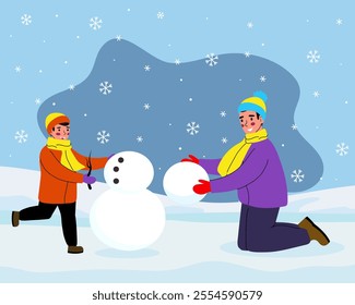 Father makes a snowman with his son, having fun in the fresh air in winter. Vector illustration.