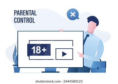 Padre o usuario masculino cerca de monitor moderno, restricciones de edad. Control parental para televisión, contenidos multimedia en Internet y servicios de streaming. 18 más contenido, señal de advertencia. Ilustración vectorial plana